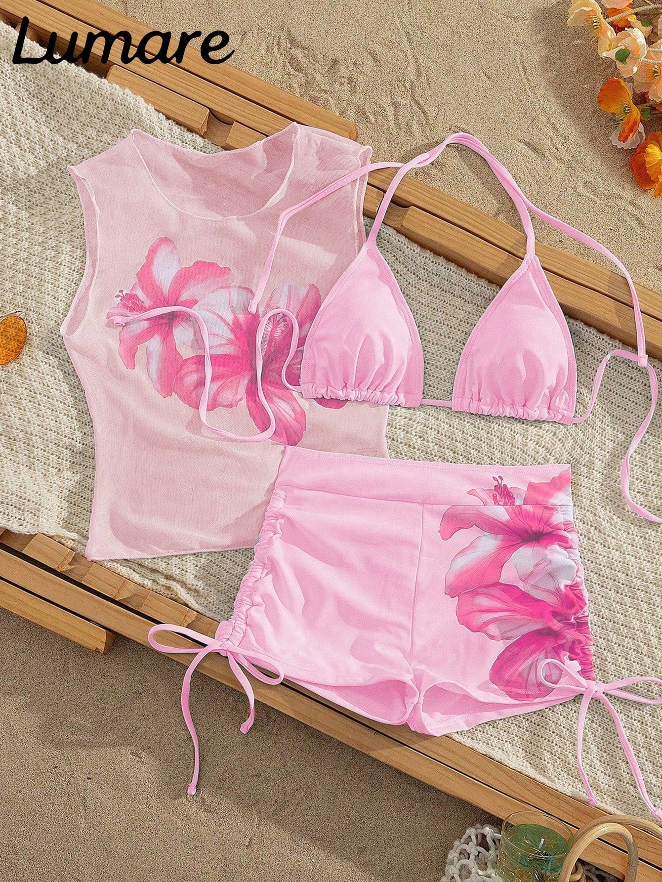 3-Piece Sexy Casual Halter Top, Paired With Hibiscus Floral Pattern Mesh Semi-Sheer Cover-Up, Side Tie Bikini Bottom, Medium Stretch Fabric, Holiday Outfit Bikini Set, Suitable For Vacation Beach And