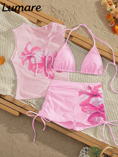 3-Piece Sexy Casual Halter Top, Paired With Hibiscus Floral Pattern Mesh Semi-Sheer Cover-Up, Side Tie Bikini Bottom, Medium Stretch Fabric, Holiday Outfit Bikini Set, Suitable For Vacation Beach And