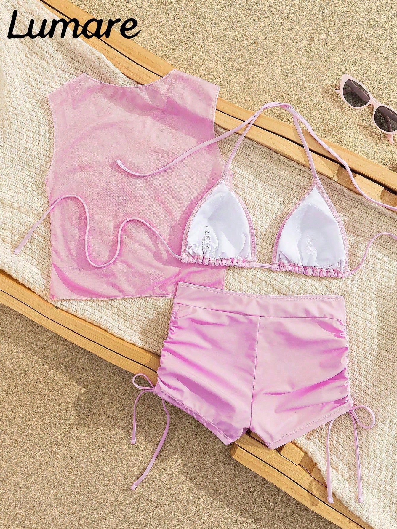 3-Piece Sexy Casual Halter Top, Paired With Hibiscus Floral Pattern Mesh Semi-Sheer Cover-Up, Side Tie Bikini Bottom, Medium Stretch Fabric, Holiday Outfit Bikini Set, Suitable For Vacation Beach And