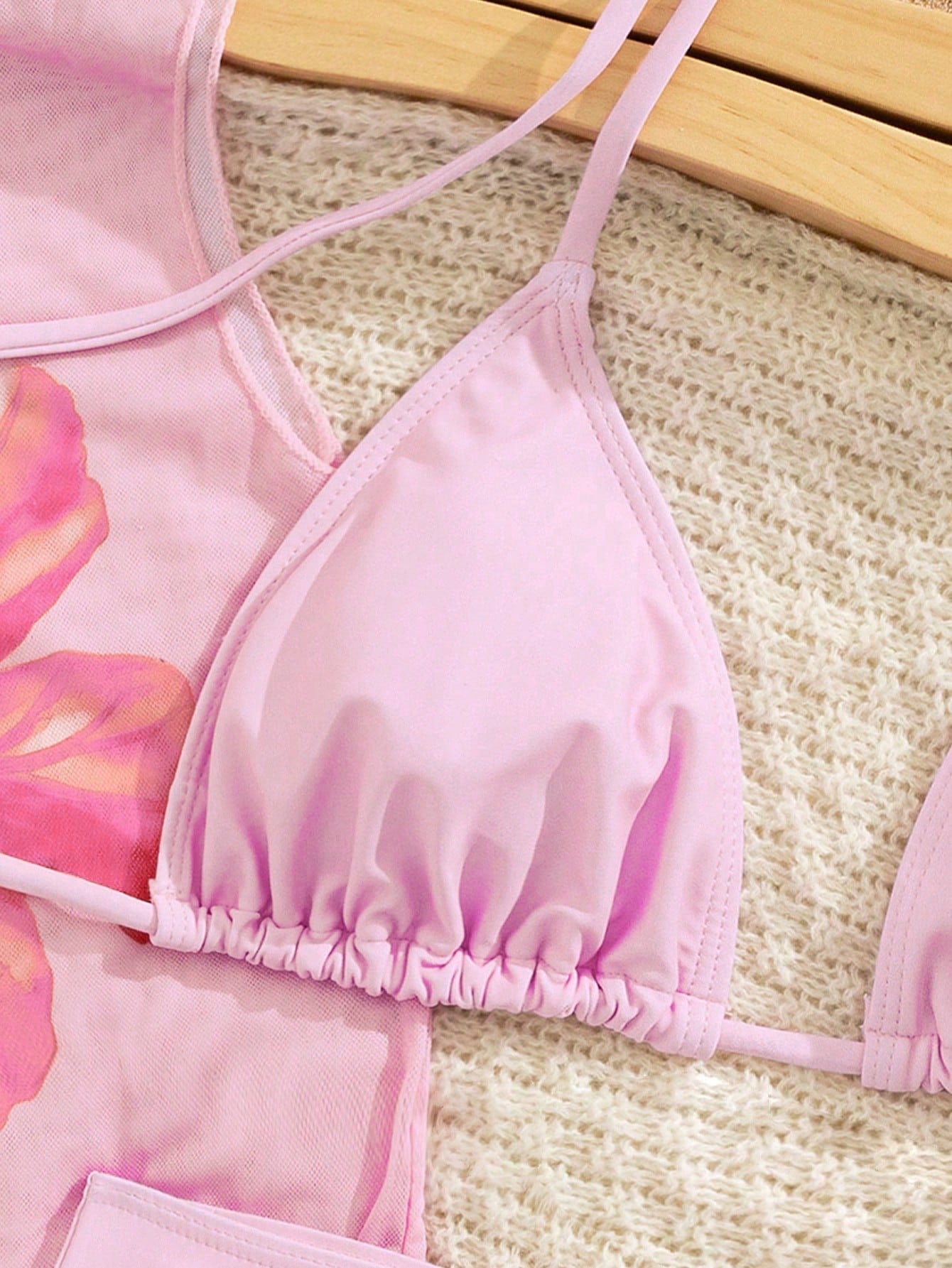 3-Piece Sexy Casual Halter Top, Paired With Hibiscus Floral Pattern Mesh Semi-Sheer Cover-Up, Side Tie Bikini Bottom, Medium Stretch Fabric, Holiday Outfit Bikini Set, Suitable For Vacation Beach And