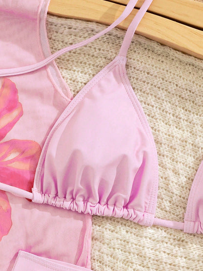 3-Piece Sexy Casual Halter Top, Paired With Hibiscus Floral Pattern Mesh Semi-Sheer Cover-Up, Side Tie Bikini Bottom, Medium Stretch Fabric, Holiday Outfit Bikini Set, Suitable For Vacation Beach And