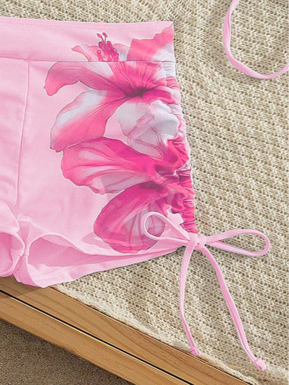 3-Piece Sexy Casual Halter Top, Paired With Hibiscus Floral Pattern Mesh Semi-Sheer Cover-Up, Side Tie Bikini Bottom, Medium Stretch Fabric, Holiday Outfit Bikini Set, Suitable For Vacation Beach And