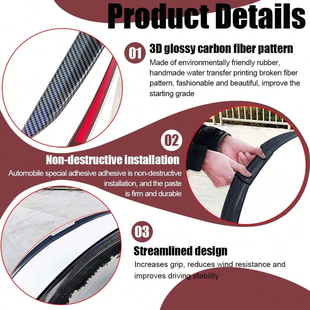 3-Piece Universal Car Rear Trunk Spoiler Wing Kit, DIY PU Soft Plastic Rubber Lip Wing, For Auto Body Styling & Stability