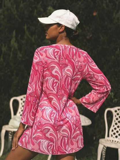 3 Pieces Tropical Floral Bikini Set With Long Sleeve Cover Up For Vacation Swimming