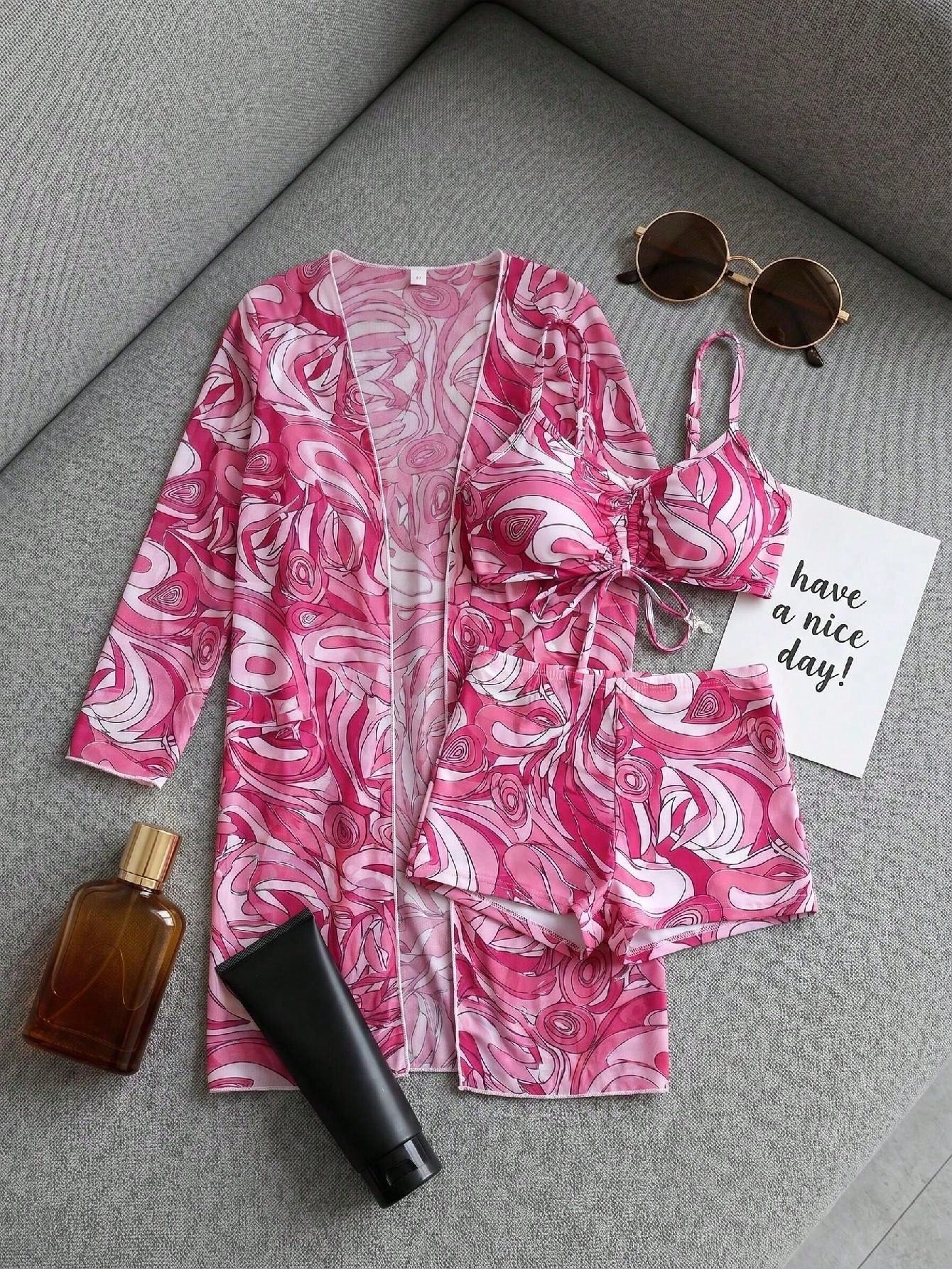 3 Pieces Tropical Floral Bikini Set With Long Sleeve Cover Up For Vacation Swimming