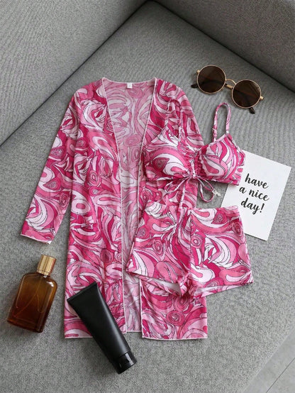 3 Pieces Tropical Floral Bikini Set With Long Sleeve Cover Up For Vacation Swimming