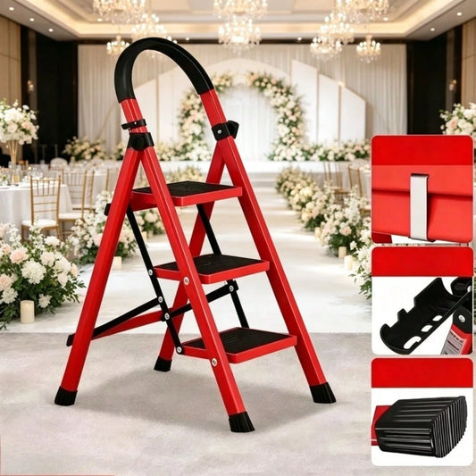 3-Step Red Folding Ladder (Opening Height 93CM), Multifunctional Zigzag Ladder With Anti Slip Pedals, Suitable For Indoor And Outdoor Use, Suitable For Home Office And Home Decoration Folding Ladder