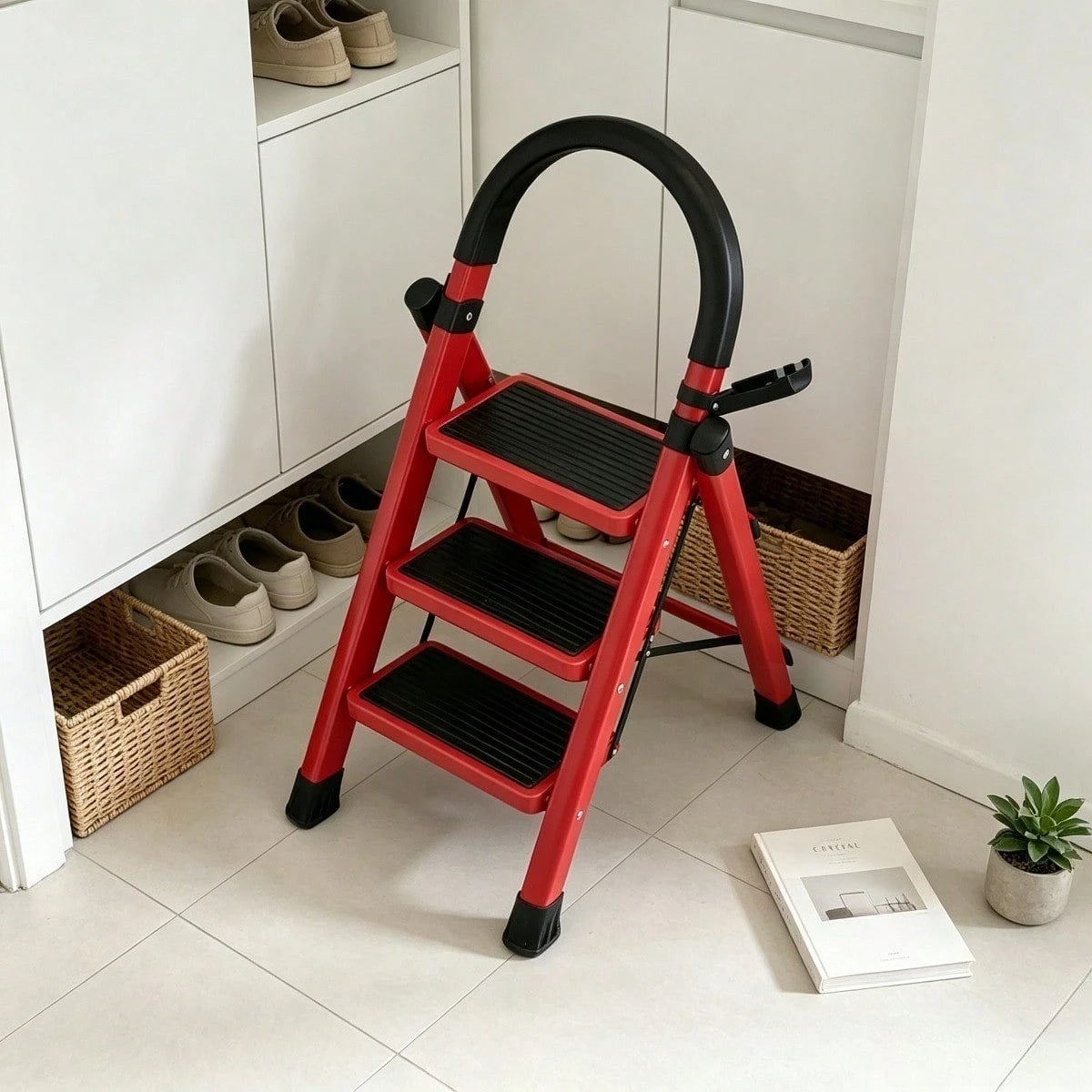 3-Step Red Folding Ladder (Opening Height 93CM), Multifunctional Zigzag Ladder With Anti Slip Pedals, Suitable For Indoor And Outdoor Use, Suitable For Home Office And Home Decoration Folding Ladder