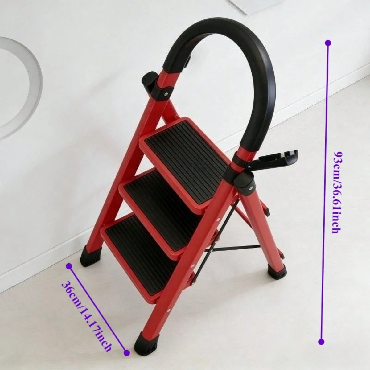 3-Step Red Folding Ladder (Opening Height 93CM), Multifunctional Zigzag Ladder With Anti Slip Pedals, Suitable For Indoor And Outdoor Use, Suitable For Home Office And Home Decoration Folding Ladder