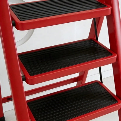 3-Step Red Folding Ladder (Opening Height 93CM), Multifunctional Zigzag Ladder With Anti Slip Pedals, Suitable For Indoor And Outdoor Use, Suitable For Home Office And Home Decoration Folding Ladder
