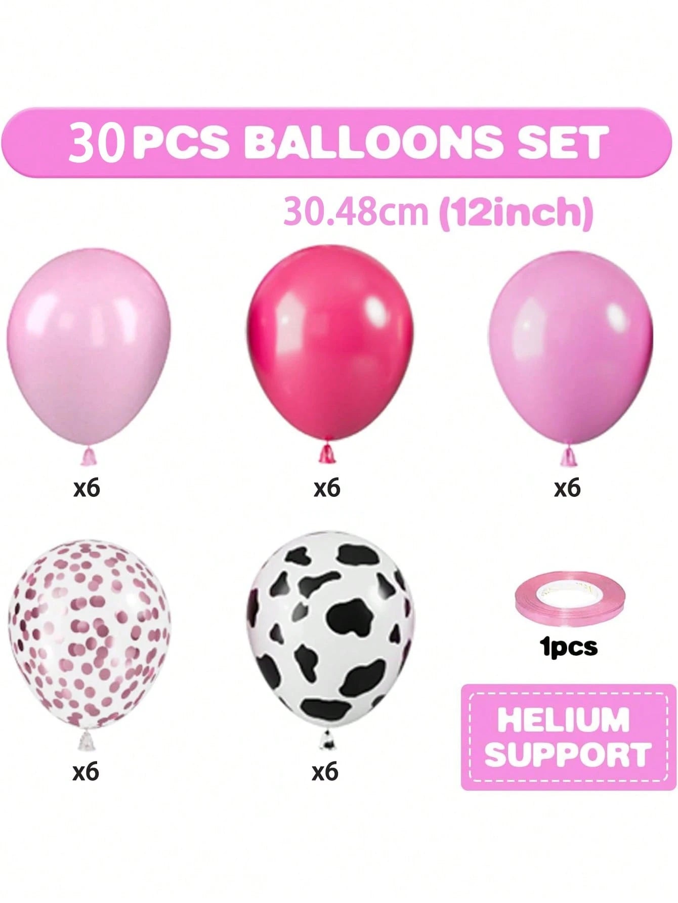 30/60pcs Pink Cow Balloons, 12 Inch Pink Cow Pattern Balloons, Soft Pink Cow Pattern Helium Balloons, Confetti Latex Balloons, Suitable For Girls Farm Theme Birthday Party, Baby Shower, Cowgirl Rodeo