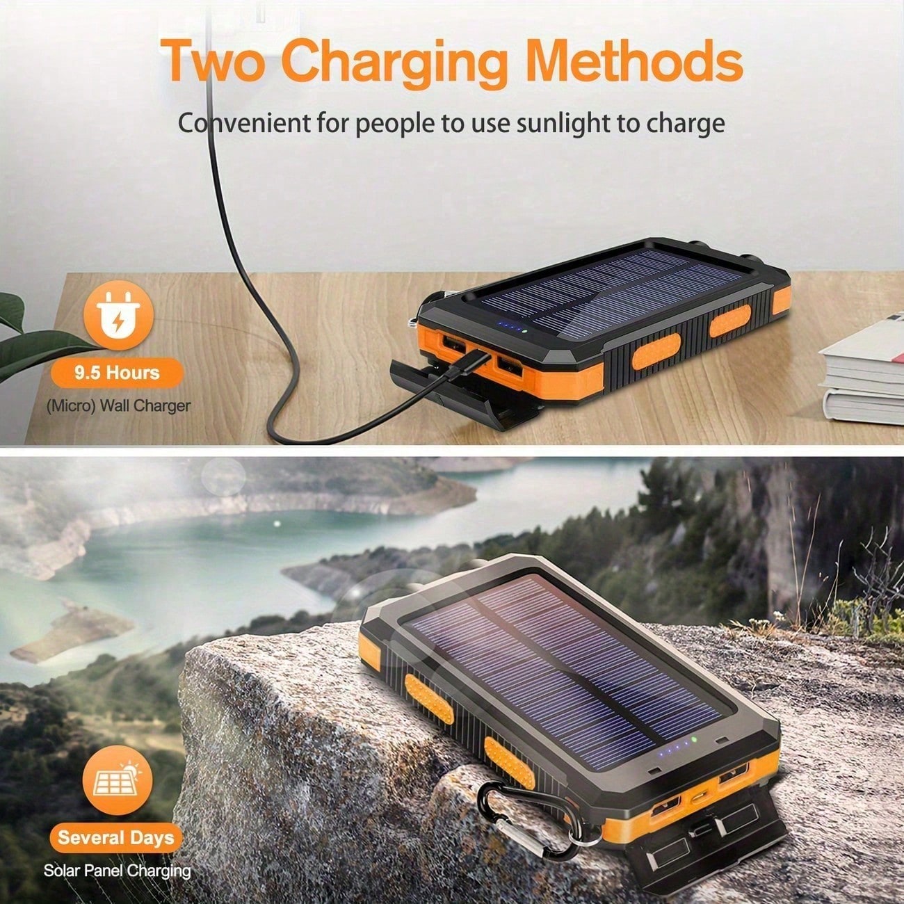 30000mAh Solar Charger Power Bank Portable Charger With LED Flashlight&Compass Camping External Backup Battery Pack For All Cell Phones & Electronic Devices Suitable For Summer Holiday Outdoor Travel