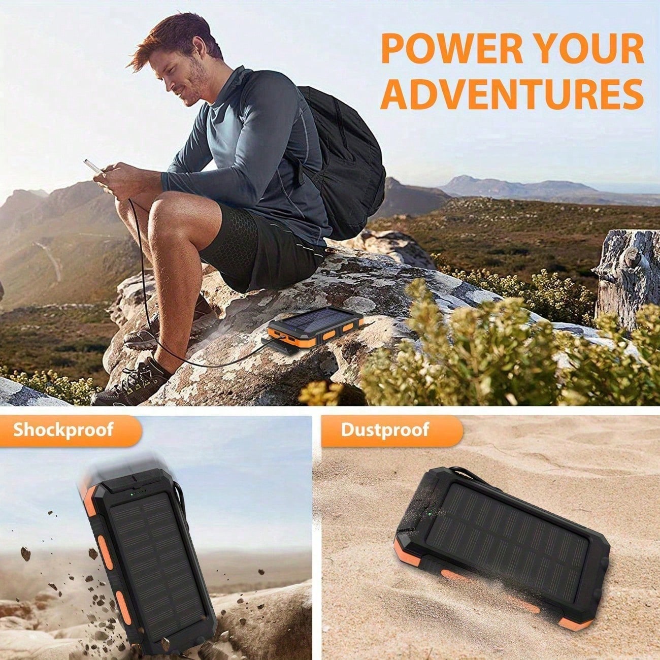 30000mAh Solar Charger Power Bank Portable Charger With LED Flashlight&Compass Camping External Backup Battery Pack For All Cell Phones & Electronic Devices Suitable For Summer Holiday Outdoor Travel