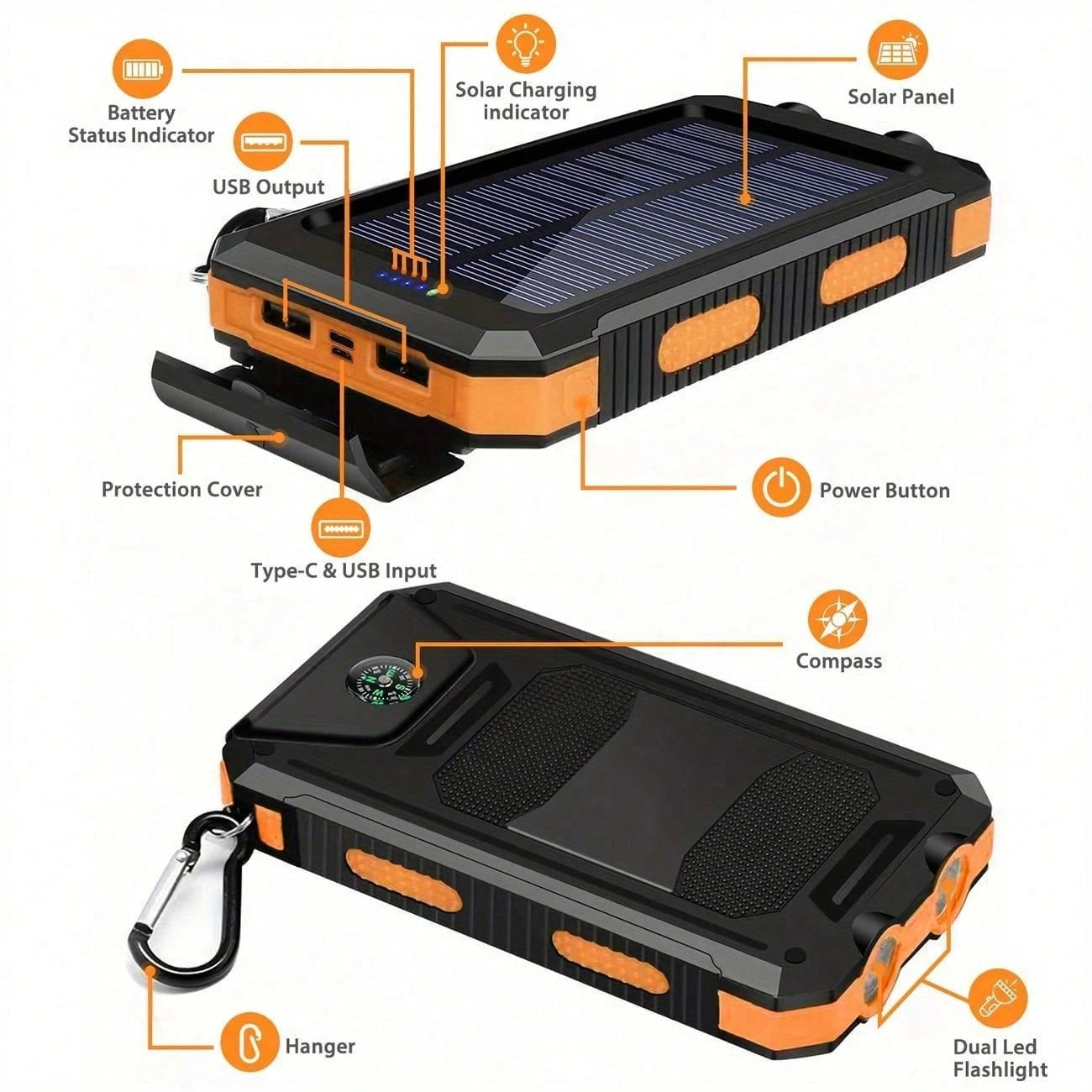 30000mAh Solar Charger Power Bank Portable Charger With LED Flashlight&Compass Camping External Backup Battery Pack For All Cell Phones & Electronic Devices Suitable For Summer Holiday Outdoor Travel