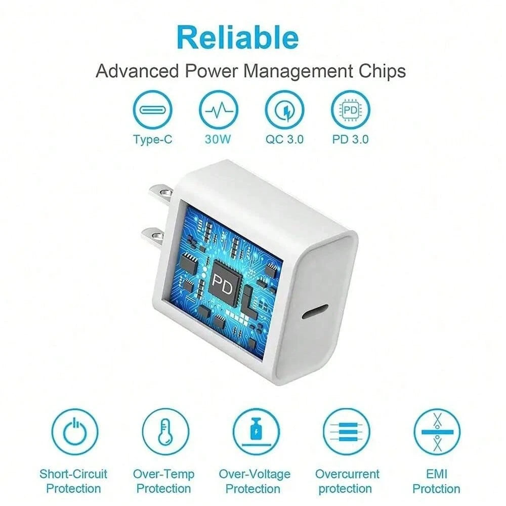 30W Fast Charging Adapter + 6ft High-Efficiency Data Transfer Charging Cable, Compatible With IPhone 14 Pro Max/14 Pro/14 Plus/14/13/12/11/XS/XR/IPad Series, Wall Charger Set