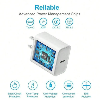 30W Fast Charging Adapter + 6ft High-Efficiency Data Transfer Charging Cable, Compatible With IPhone 14 Pro Max/14 Pro/14 Plus/14/13/12/11/XS/XR/IPad Series, Wall Charger Set