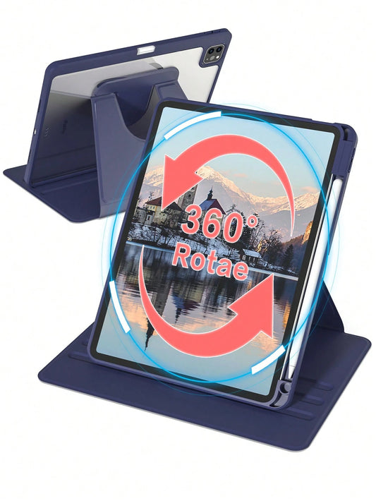 360 Degree Rotating Protective Case Compatible With Ipad, Compatible With Pencil Slot, Shockproof, Auto Wake/Sleep, Adjustable Viewing Angles- Deep Blue
