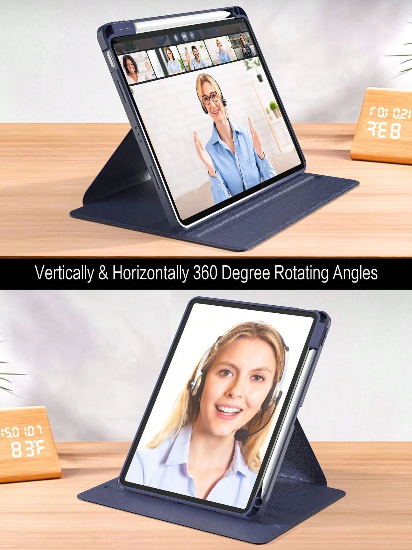 360 Degree Rotating Protective Case Compatible With Ipad, Compatible With Pencil Slot, Shockproof, Auto Wake/Sleep, Adjustable Viewing Angles- Deep Blue