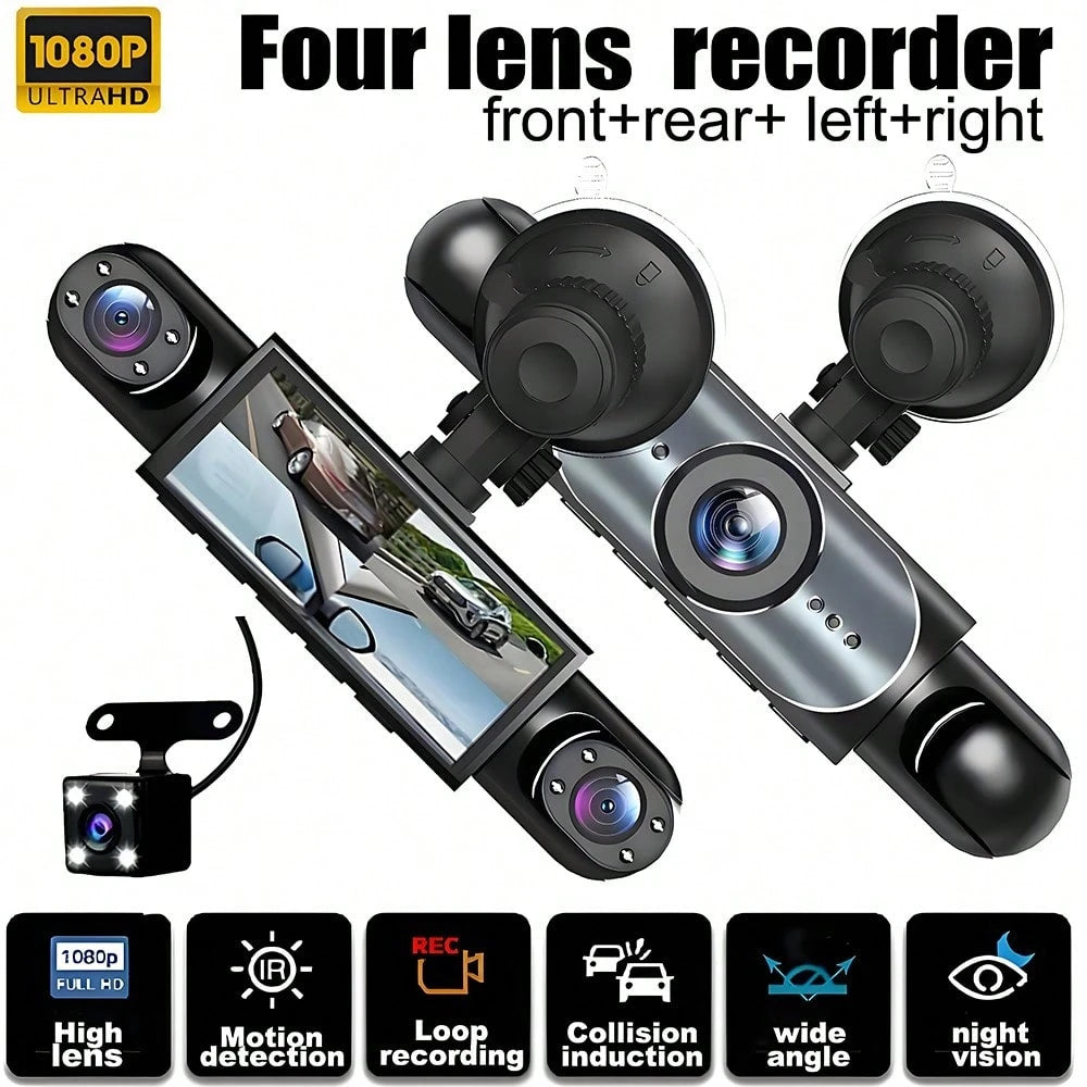 360° Full View Dash Cam Front And Rear Inside, 4 Channel Dashcam 1080P Full HD Dash Camera For Cars With Infrared Lamps Night Vision G-Sensor, Parking Mode, 64GB SD Card Car Accessories
