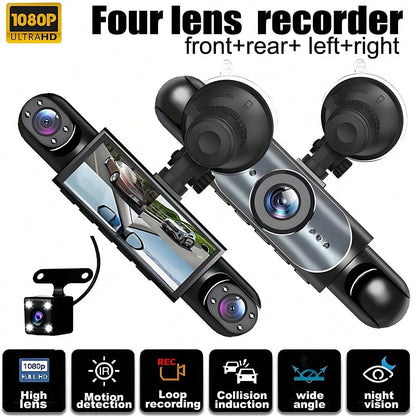 360° Full View Dash Cam Front And Rear Inside, 4 Channel Dashcam 1080P Full HD Dash Camera For Cars With Infrared Lamps Night Vision G-Sensor, Parking Mode, 64GB SD Card Car Accessories