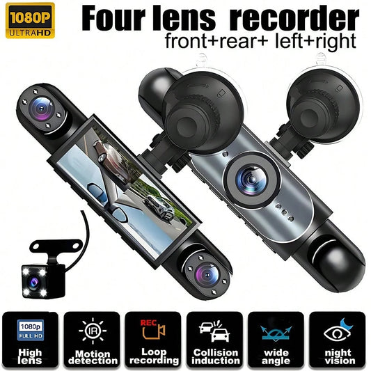 360° Full View Dash Cam Front And Rear Inside, 4 Channel Dashcam 1080P Full HD Dash Camera For Cars With Infrared Lamps Night Vision G-Sensor, Parking Mode, 64GB SD Card Car Accessories