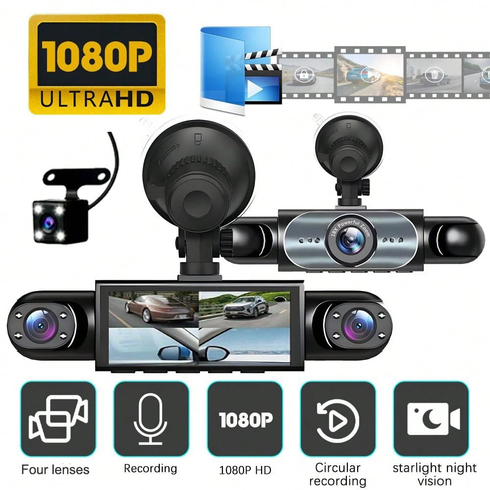 360° Full View Dash Cam Front And Rear Inside, 4 Channel Dashcam 1080P Full HD Dash Camera For Cars With Infrared Lamps Night Vision G-Sensor, Parking Mode, 64GB SD Card Car Accessories