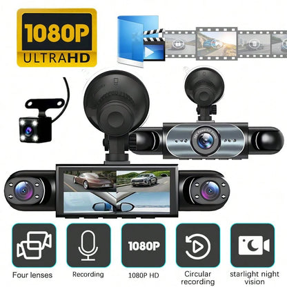 360° Full View Dash Cam Front And Rear Inside, 4 Channel Dashcam 1080P Full HD Dash Camera For Cars With Infrared Lamps Night Vision G-Sensor, Parking Mode, 64GB SD Card Car Accessories