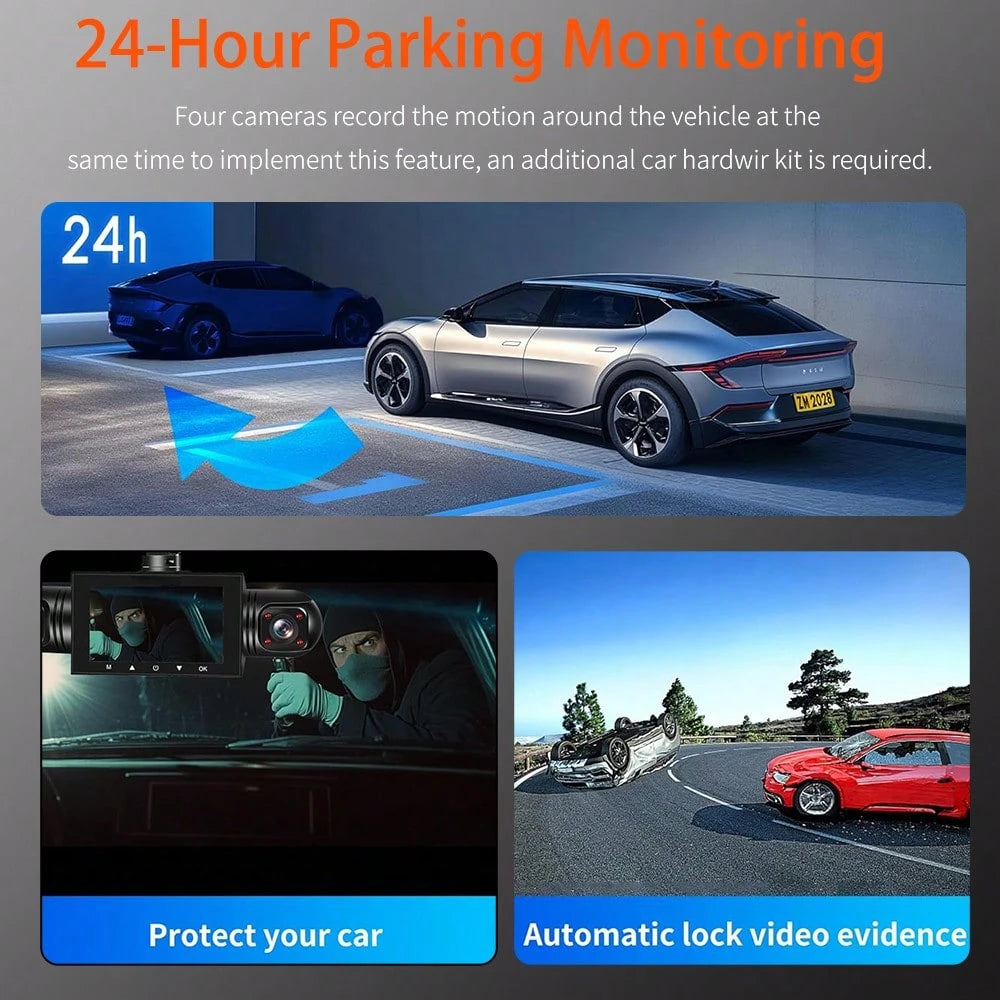 360° Full View Dash Cam Front And Rear Inside, 4 Channel Dashcam 1080P Full HD Dash Camera For Cars With Infrared Lamps Night Vision G-Sensor, Parking Mode, 64GB SD Card Car Accessories