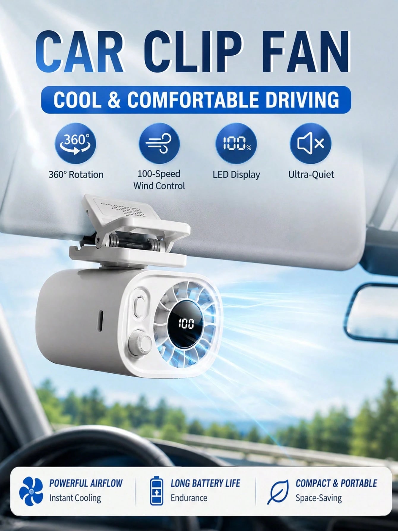 360° Rotating Car Clip Fan With LED Display, 100 Adjustable Wind Speed, USB Rechargeable, Portable Clip Fan, Suitable For Home, Office, Car And Camping, Car Accessories