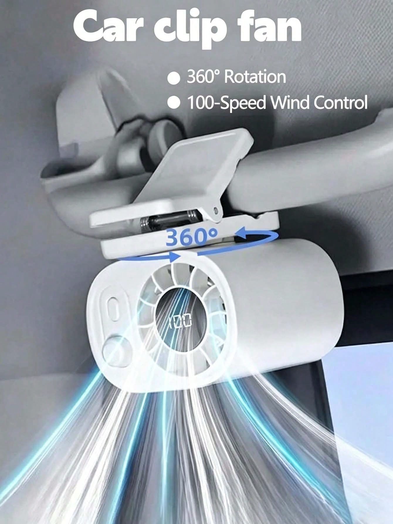 360° Rotating Car Clip Fan With LED Display, 100 Adjustable Wind Speed, USB Rechargeable, Portable Clip Fan, Suitable For Home, Office, Car And Camping, Car Accessories