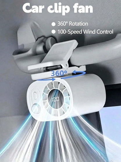 360° Rotating Car Clip Fan With LED Display, 100 Adjustable Wind Speed, USB Rechargeable, Portable Clip Fan, Suitable For Home, Office, Car And Camping, Car Accessories