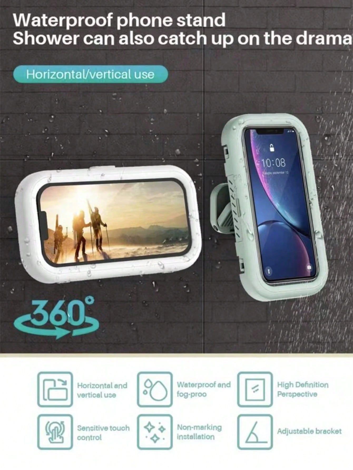360° Rotation Waterproof Shower Phone Holder, Retractable, Angle Adjustable,Shower Phone Case, Anti-Fog High Sensitivity Cover Mount Box For Bathroom Wall Mirror Bathtub Kitchen, Waterproof Bathroom T