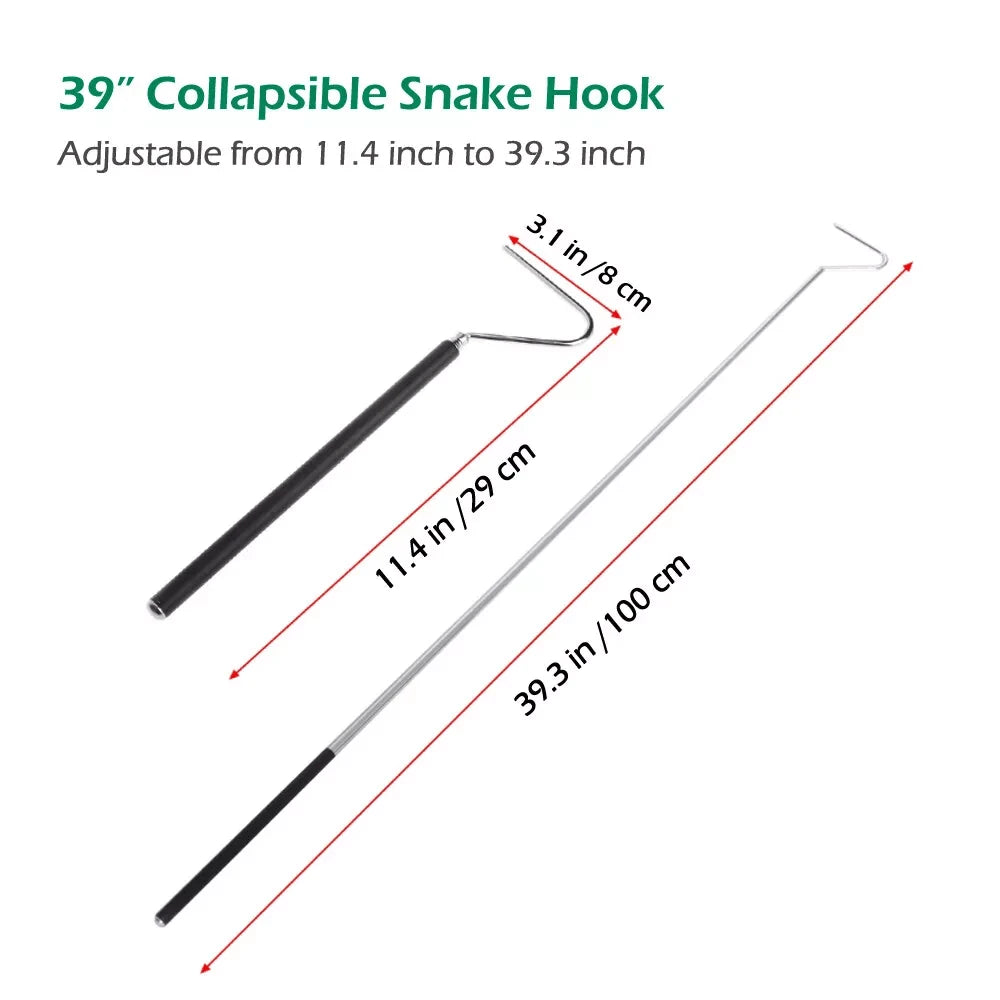 39" Collapsible Snake Hook, Portable Mini Stainless Steel Snake & Reptile Hook, Retractable Catching Snake Handling Tool With Anti Slip Rubber Grip