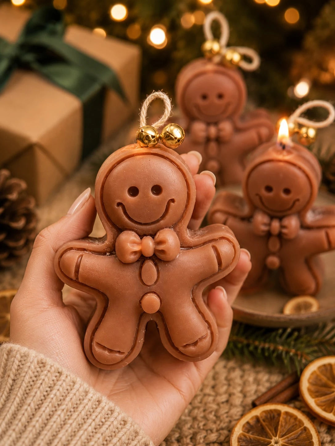 3D Gingerbread Man Silicone Candle Mold, Cute Smiling Gingerbread Statue With Bow And Button Emboss, Pre-Drilled Hanging Hole, Non-Stick Flexible Heat-Resistant Silicone, Easy To Demold And Reuse, Sui