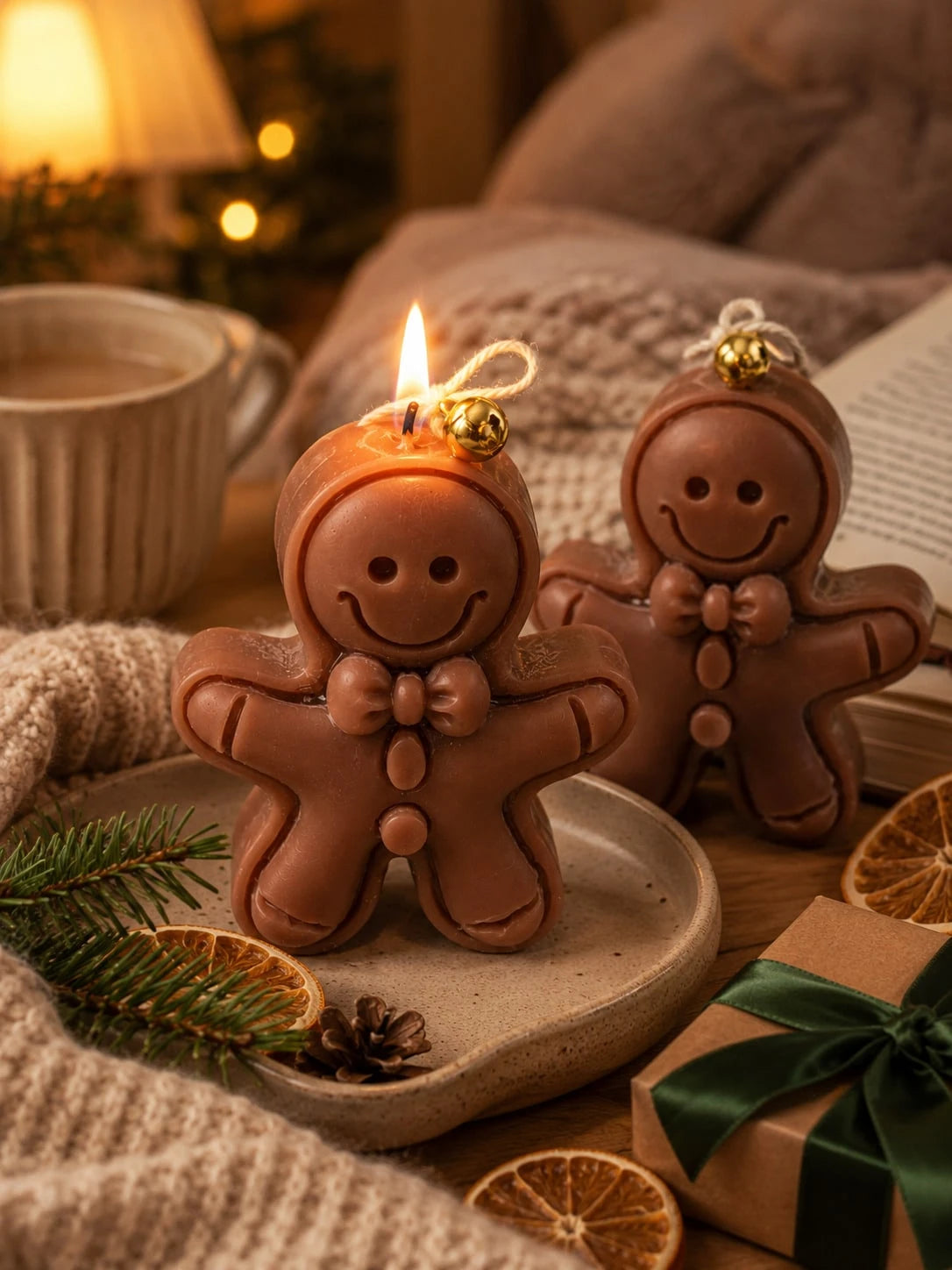 3D Gingerbread Man Silicone Candle Mold, Cute Smiling Gingerbread Statue With Bow And Button Emboss, Pre-Drilled Hanging Hole, Non-Stick Flexible Heat-Resistant Silicone, Easy To Demold And Reuse, Sui