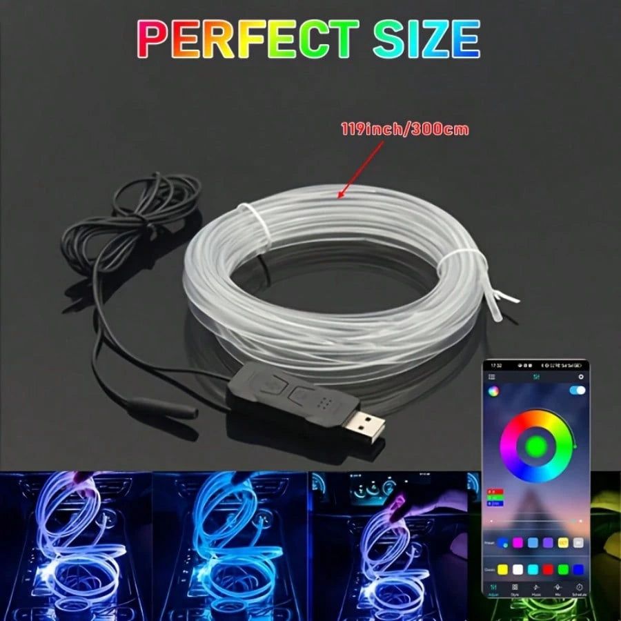 3m/118inch USB Interior Car Neon Lights (Center Console + Dashboard) With Matching Armrest Storage Box, RGB LED Strip, APP Controlled, No Remote Control, For Ambient Lighting Applications, No Battery
