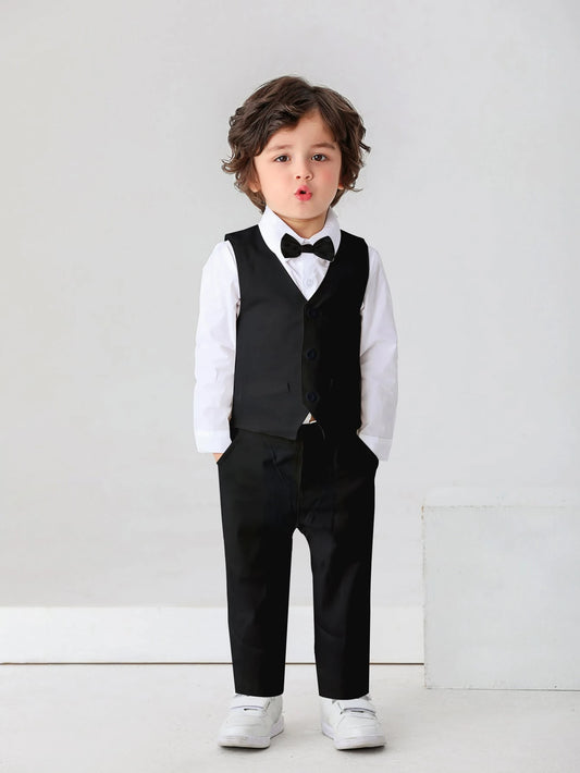 3pcs Baby Boys Gentleman Outfit Set: Long Sleeve White Shirt With Bow Tie, Vest And Pants, Fashionabantic For Birthday Party, Wedding, 1st Month/Year Celebration