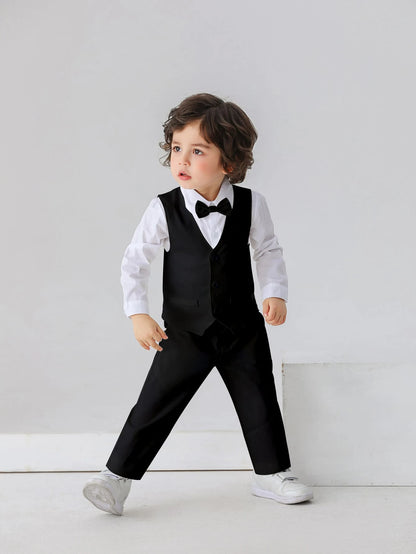 3pcs Baby Boys Gentleman Outfit Set: Long Sleeve White Shirt With Bow Tie, Vest And Pants, Fashionabantic For Birthday Party, Wedding, 1st Month/Year Celebration