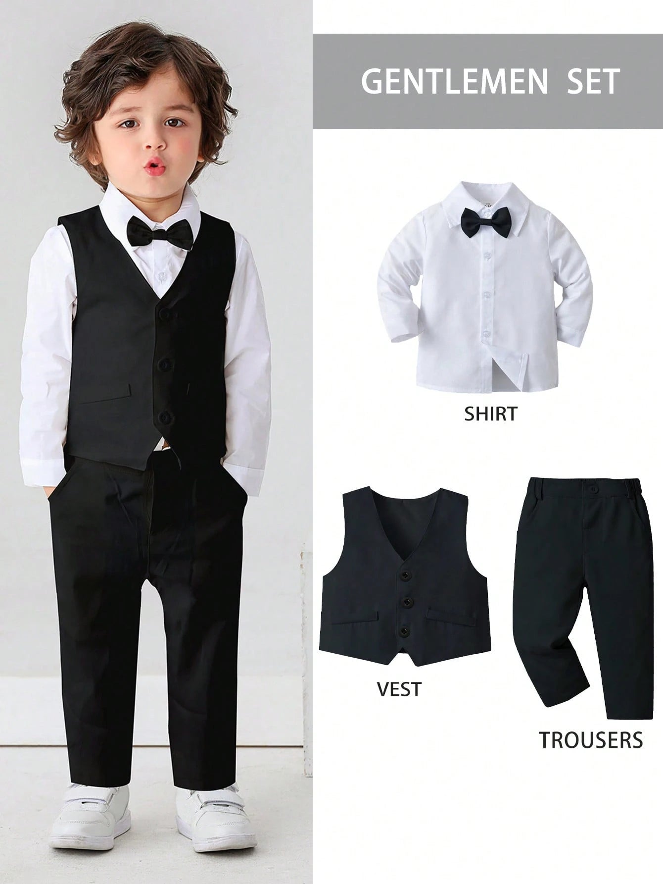 3pcs Baby Boys Gentleman Outfit Set: Long Sleeve White Shirt With Bow Tie, Vest And Pants, Fashionabantic For Birthday Party, Wedding, 1st Month/Year Celebration