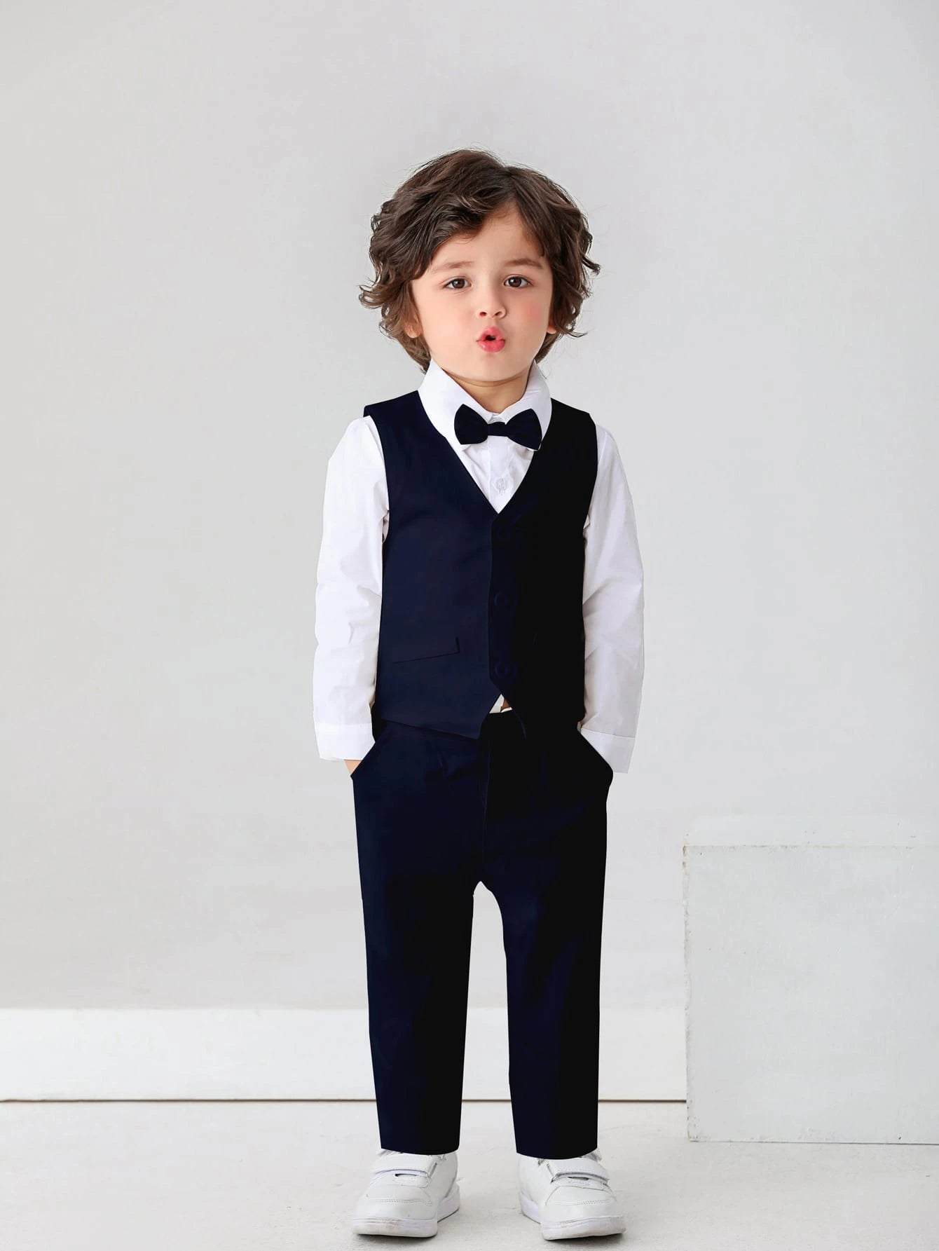 3pcs Baby Boys Gentleman Outfit Set: Long Sleeve White Shirt With Bow Tie, Vest And Pants, Fashionabantic For Birthday Party, Wedding, 1st Month/Year Celebration