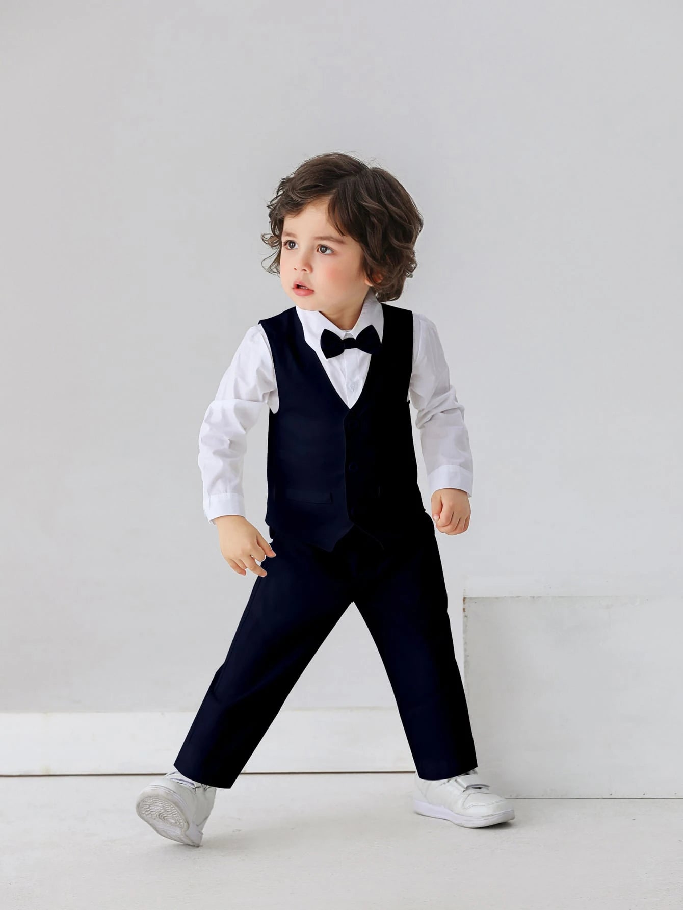 3pcs Baby Boys Gentleman Outfit Set: Long Sleeve White Shirt With Bow Tie, Vest And Pants, Fashionabantic For Birthday Party, Wedding, 1st Month/Year Celebration