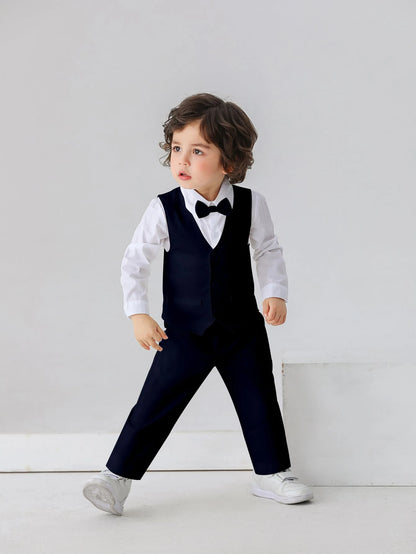 3pcs Baby Boys Gentleman Outfit Set: Long Sleeve White Shirt With Bow Tie, Vest And Pants, Fashionabantic For Birthday Party, Wedding, 1st Month/Year Celebration