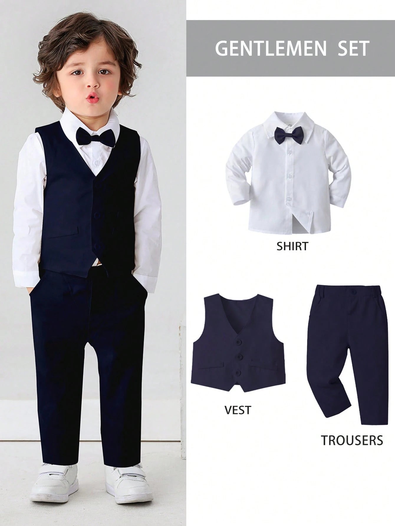 3pcs Baby Boys Gentleman Outfit Set: Long Sleeve White Shirt With Bow Tie, Vest And Pants, Fashionabantic For Birthday Party, Wedding, 1st Month/Year Celebration