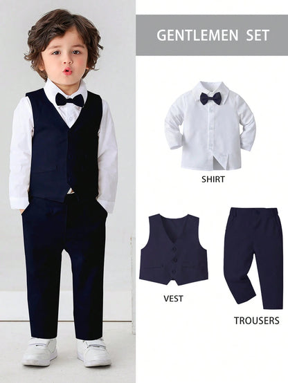 3pcs Baby Boys Gentleman Outfit Set: Long Sleeve White Shirt With Bow Tie, Vest And Pants, Fashionabantic For Birthday Party, Wedding, 1st Month/Year Celebration