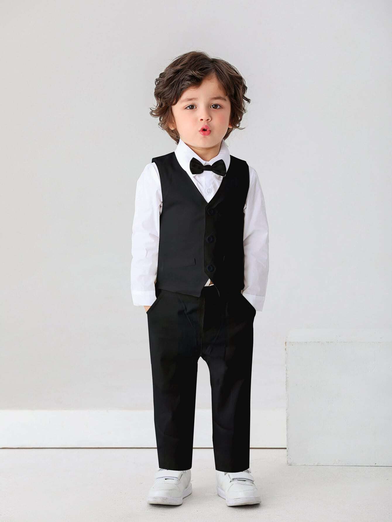 3pcs Baby Boys Gentleman Outfit Set: Long Sleeve White Shirt With Bow Tie, Vest And Pants, Fashionabantic For Birthday Party, Wedding, 1st Month/Year Celebration