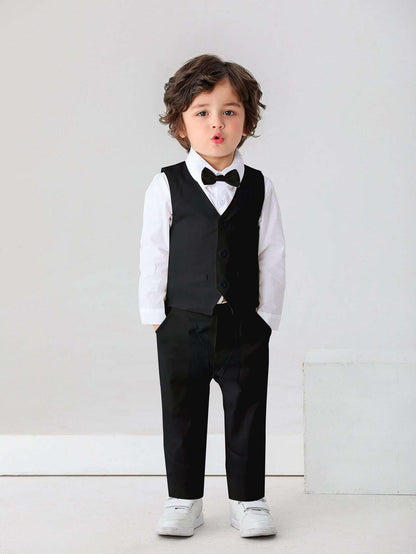 3pcs Baby Boys Gentleman Outfit Set: Long Sleeve White Shirt With Bow Tie, Vest And Pants, Fashionabantic For Birthday Party, Wedding, 1st Month/Year Celebration