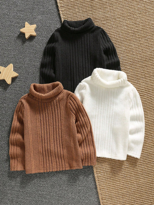 3pcs Baby Boys Thermal Lined High Neck Long Sleeve T-Shirt,Winter Modest Black And White Carrer Day Back-To-School Casual Versatile Cute Autumn Tops