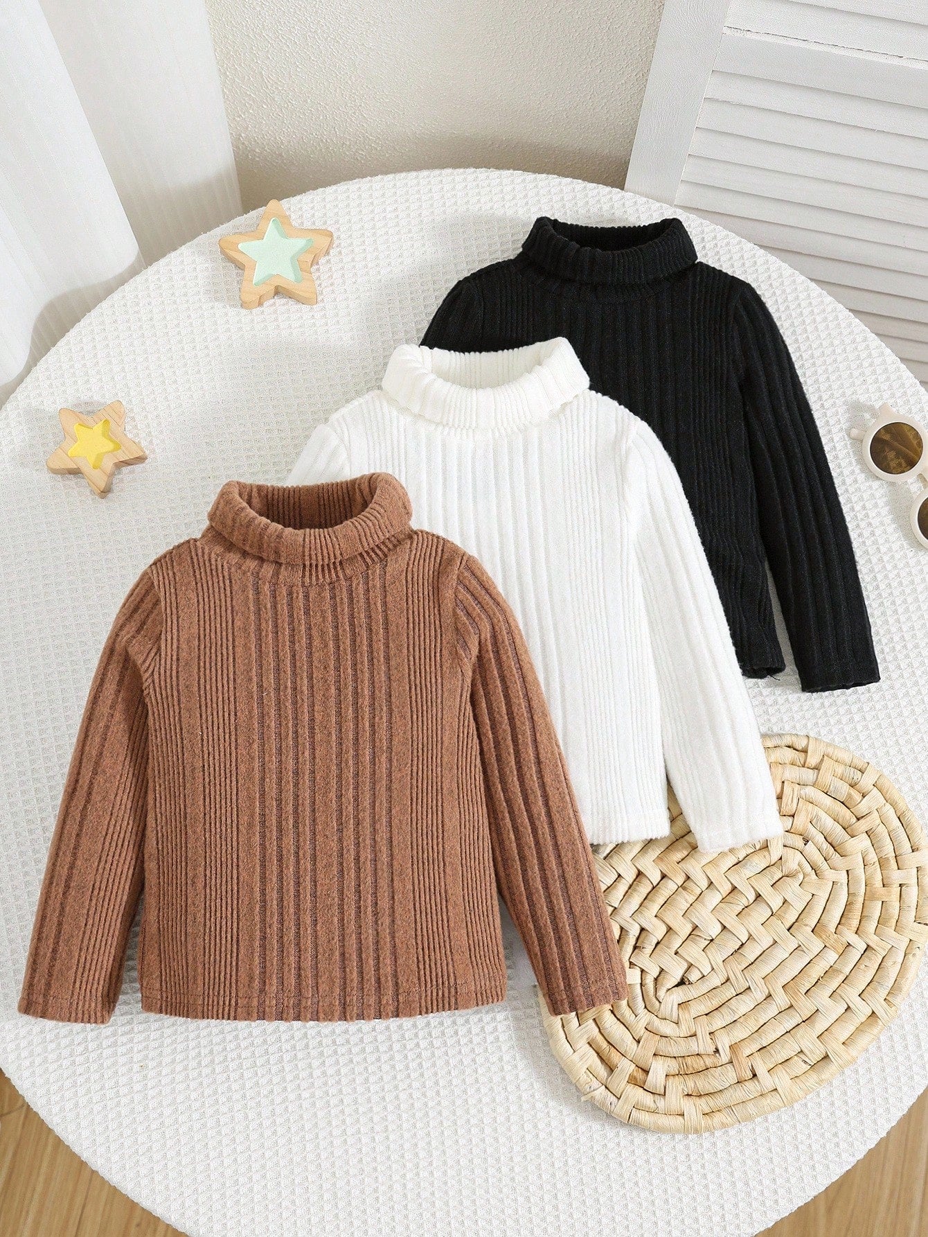 3pcs Baby Boys Thermal Lined High Neck Long Sleeve T-Shirt,Winter Modest Black And White Carrer Day Back-To-School Casual Versatile Cute Autumn Tops