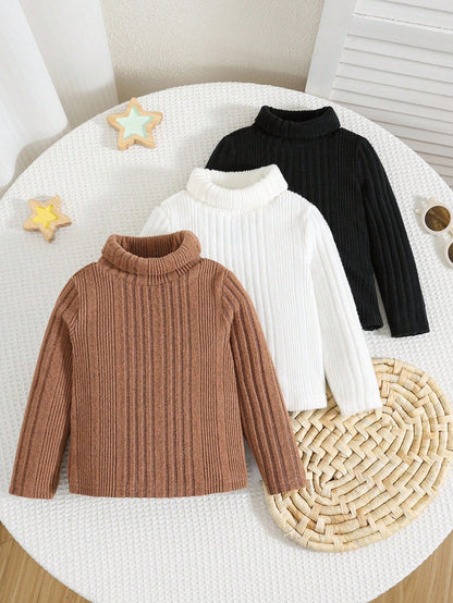 3pcs Baby Boys Thermal Lined High Neck Long Sleeve T-Shirt,Winter Modest Black And White Carrer Day Back-To-School Casual Versatile Cute Autumn Tops