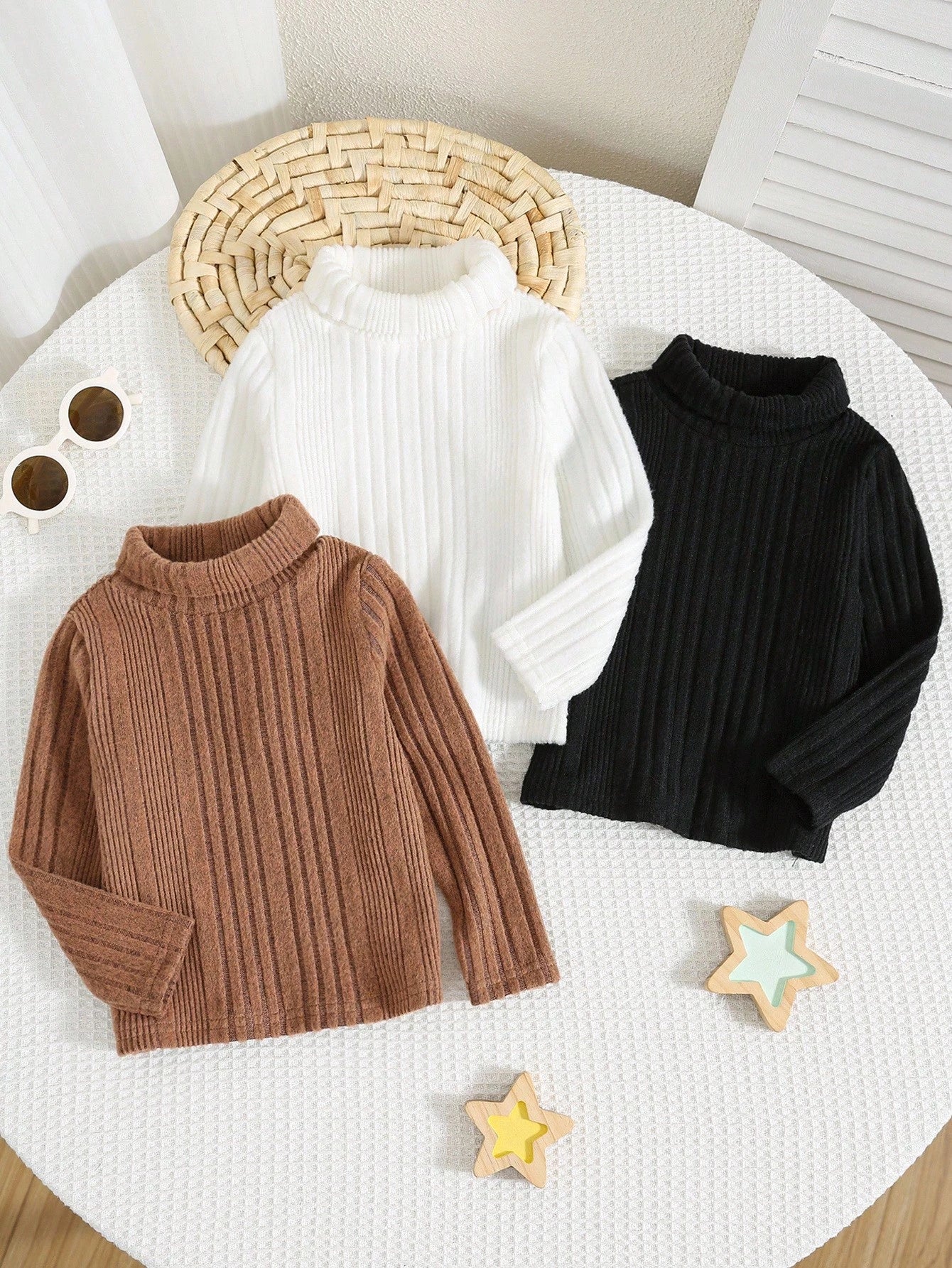 3pcs Baby Boys Thermal Lined High Neck Long Sleeve T-Shirt,Winter Modest Black And White Carrer Day Back-To-School Casual Versatile Cute Autumn Tops